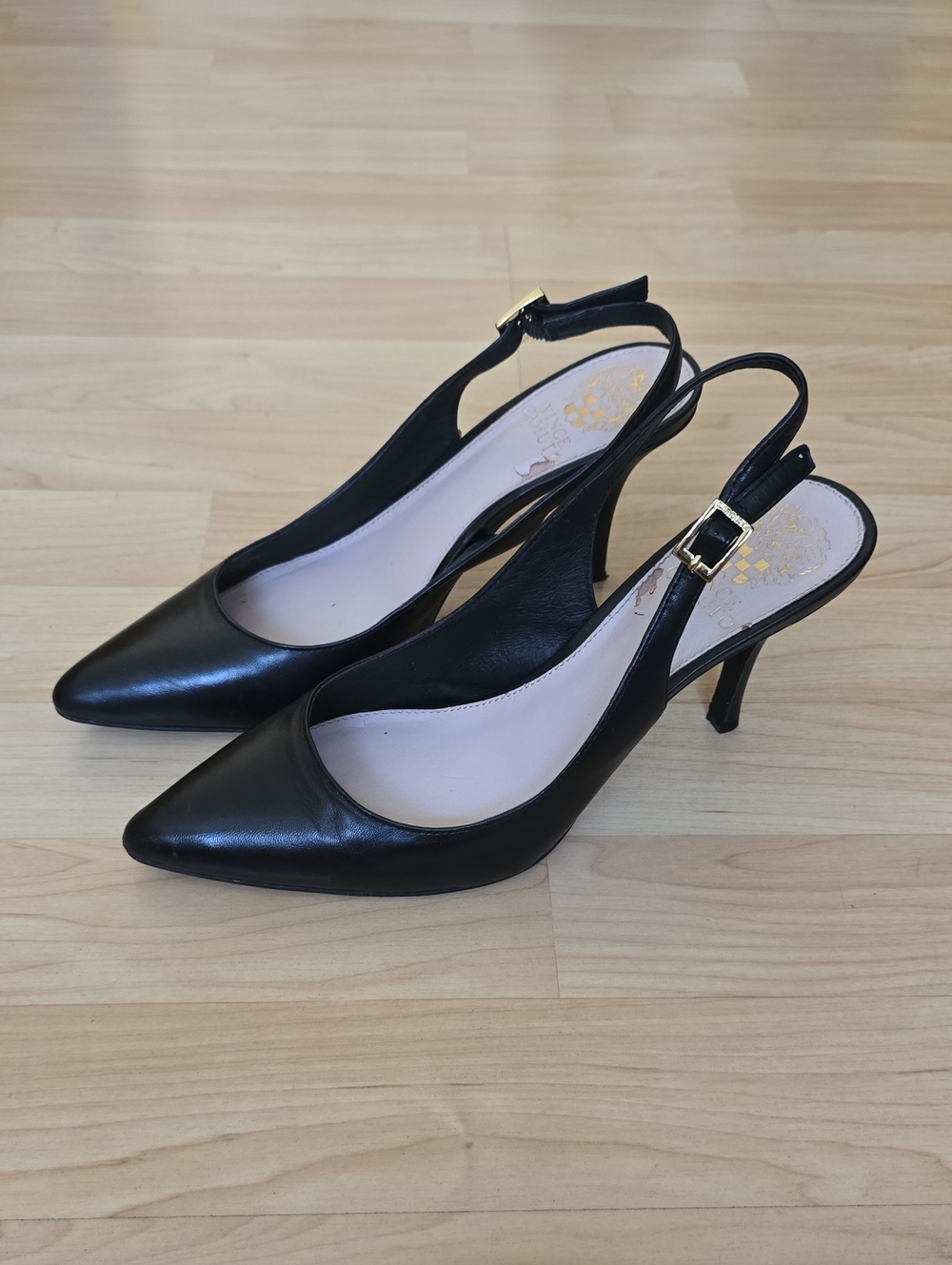 Vince Camuto Black Leather Pointed-Toe Slingback Kitten Heel Pumps Size 7M